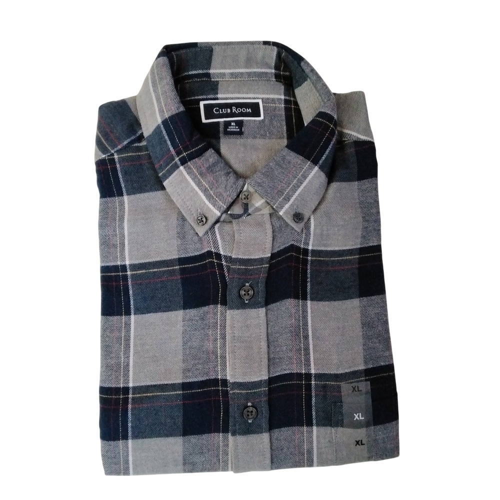 Club Room Mens Flannel Shirt XL Grey Navy Blue Plaid Button Down Long Sleeve NEW